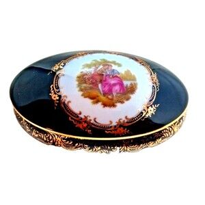 Vintage Limoges Castel France Blue 22K Gold Oval Porcelain Trinket Box